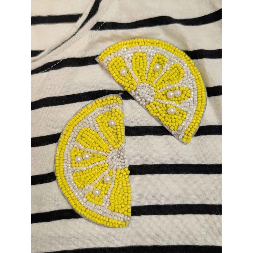 Philosophy Striped Tee Lemon Beaded Patch Short Sleeve Top Large - Picture 2 of 6